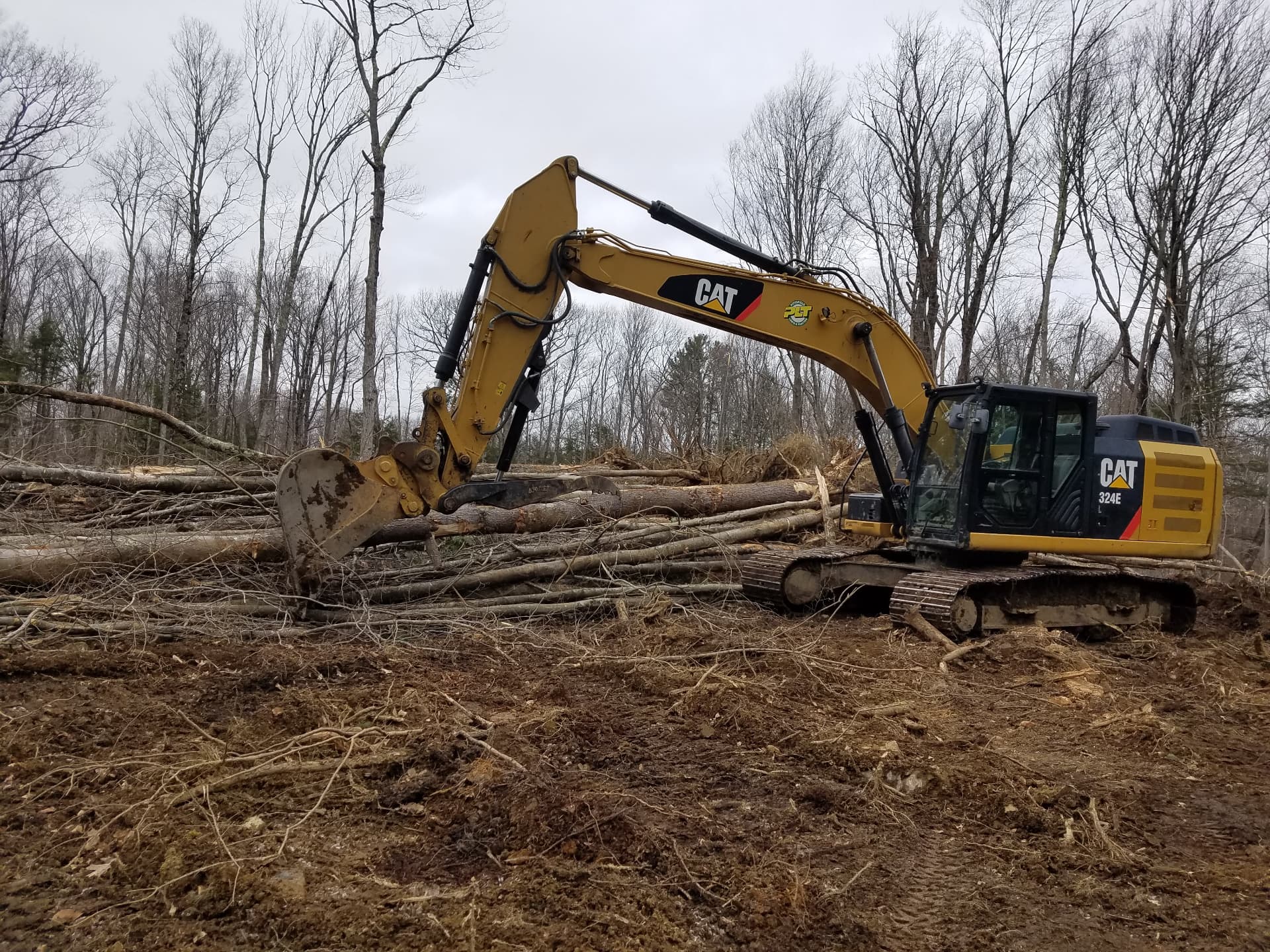 Excavator clearing felled trees and root systems during a land clearing project in Western Massachusetts.